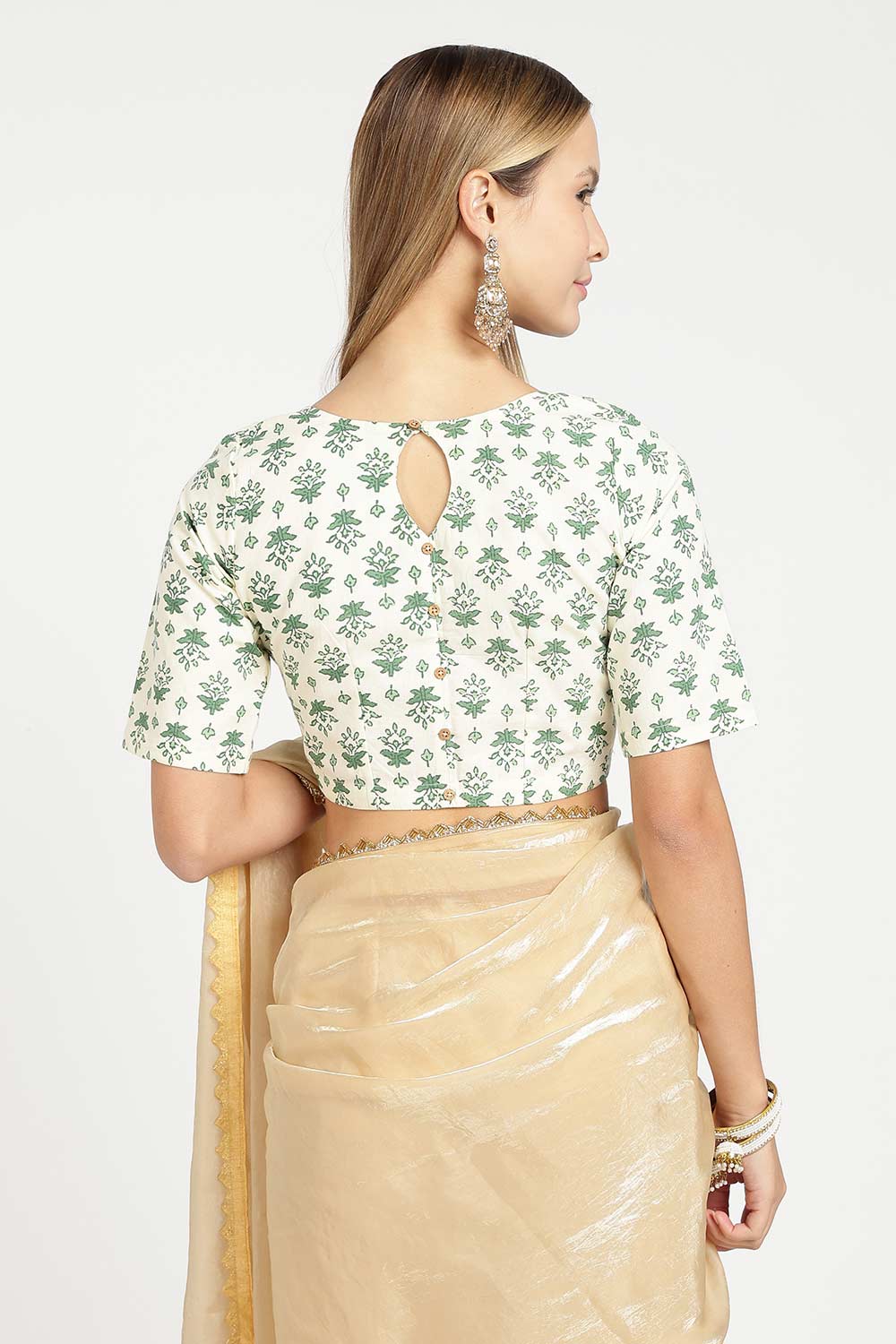 Naidu Hall Women’s Designer Cotton Blouse – Jaipur Printed Lapel Collar Front Open Blouse with Wooden Buttons | Regular Fit Woven Saree Blouse - BU23