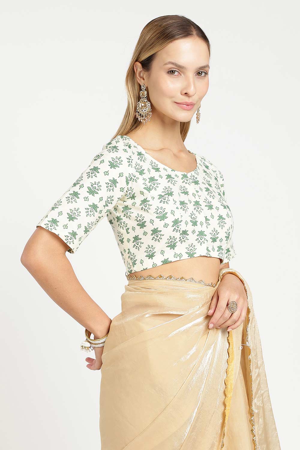 Naidu Hall Women’s Designer Cotton Blouse – Jaipur Printed Lapel Collar Front Open Blouse with Wooden Buttons | Regular Fit Woven Saree Blouse - BU23