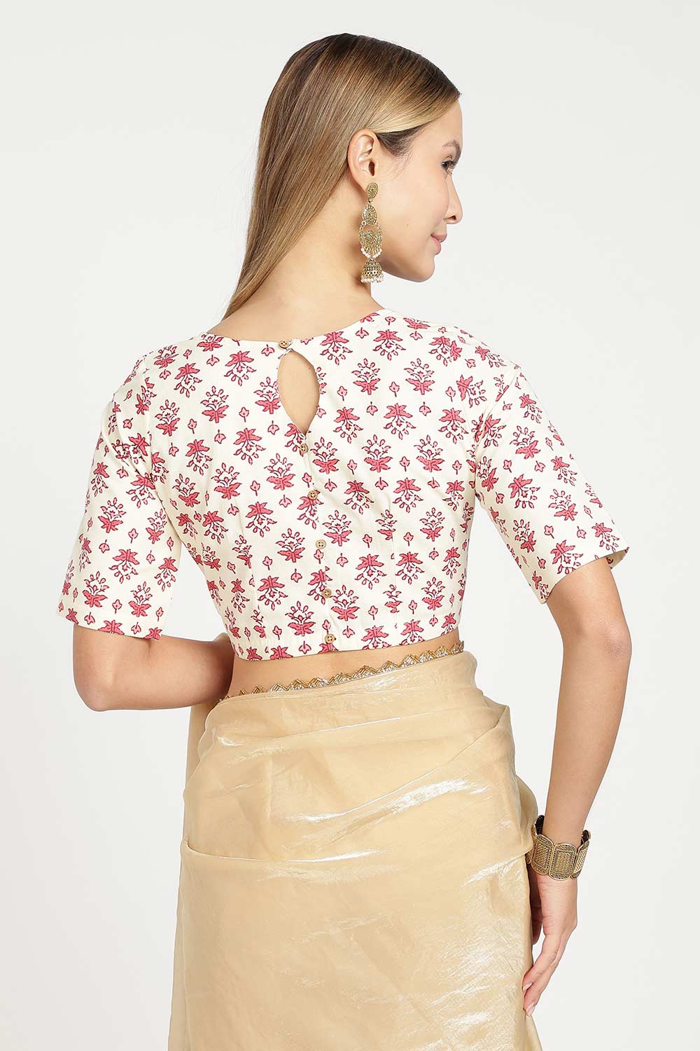 Naidu Hall Women’s Designer Cotton Blouse – Jaipur Printed Lapel Collar Front Open Blouse with Wooden Buttons | Regular Fit Woven Saree Blouse - BU23