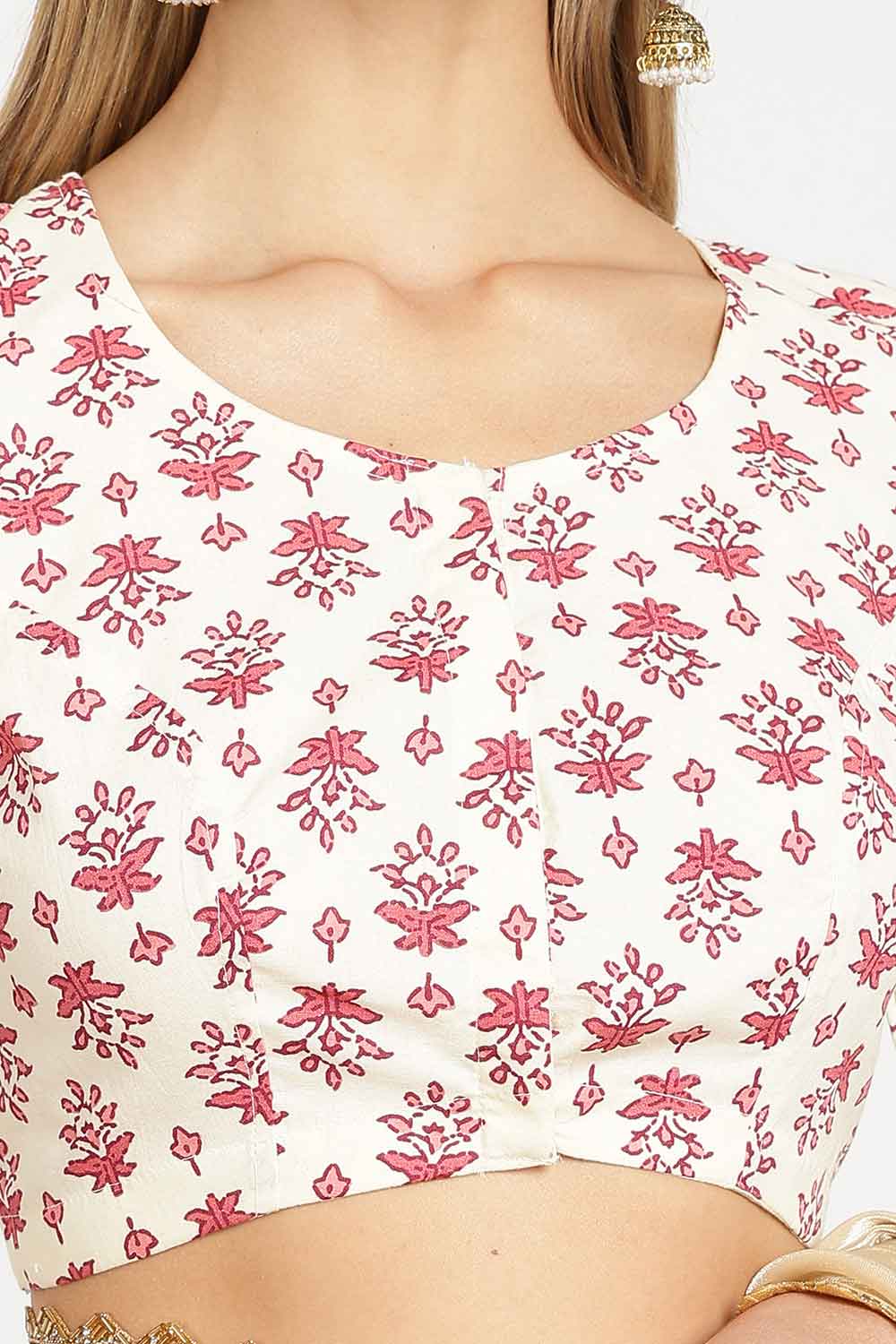 Naidu Hall Women’s Designer Cotton Blouse – Jaipur Printed Lapel Collar Front Open Blouse with Wooden Buttons | Regular Fit Woven Saree Blouse - BU23