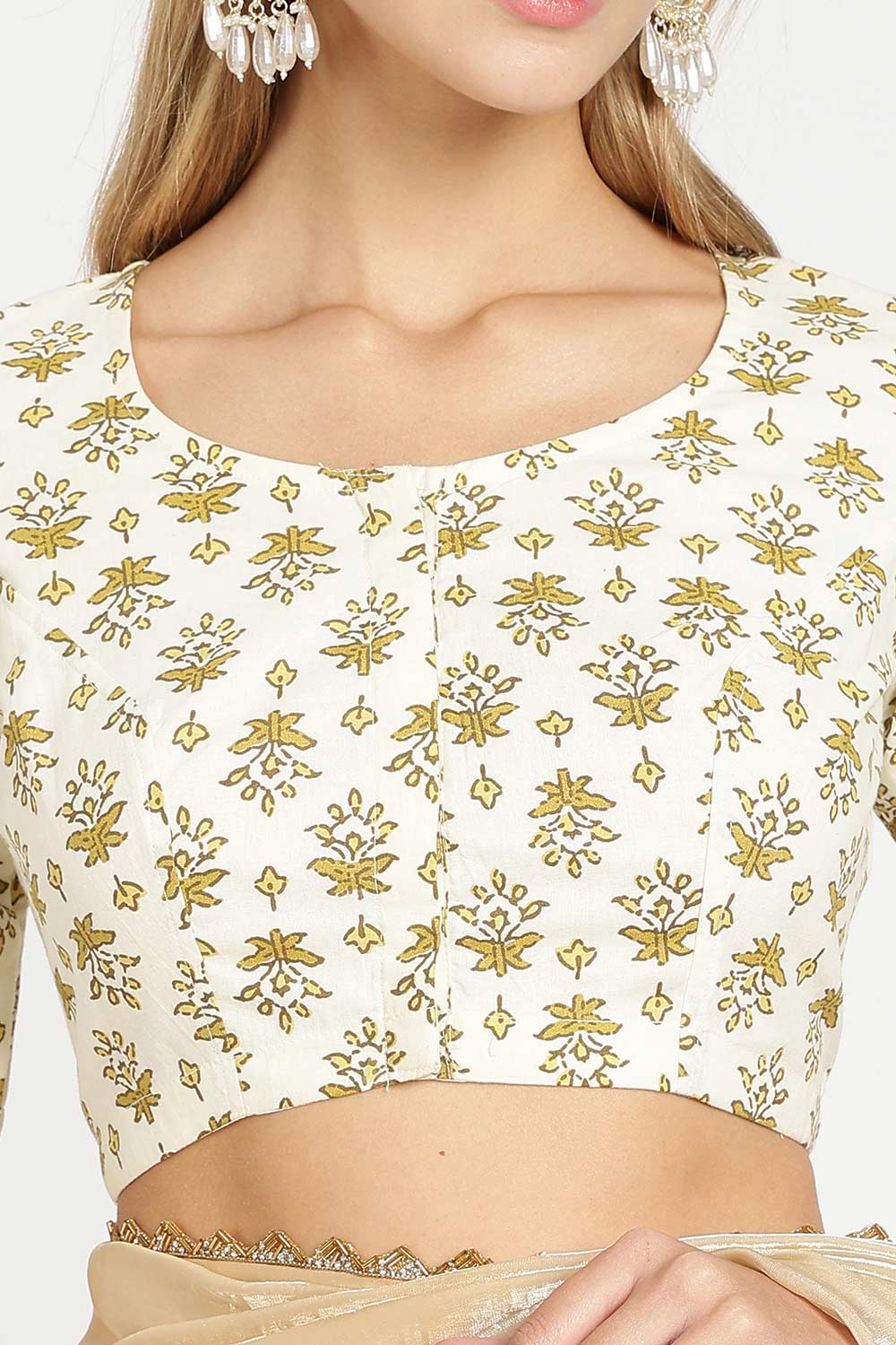 Naidu Hall Women’s Designer Cotton Blouse – Jaipur Printed Lapel Collar Front Open Blouse with Wooden Buttons | Regular Fit Woven Saree Blouse - BU23