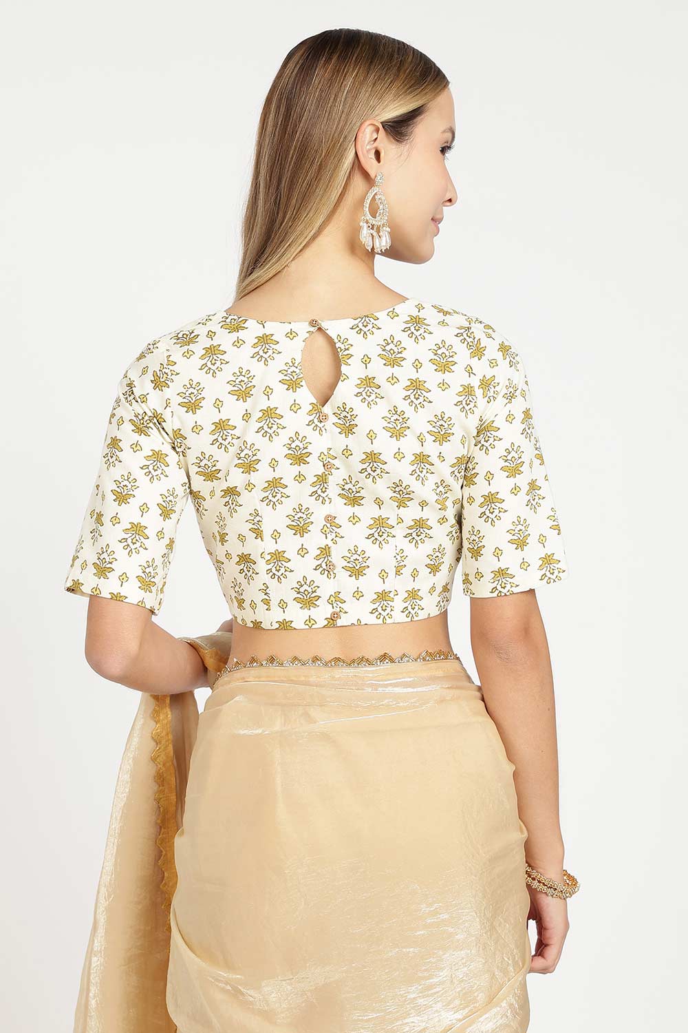 Naidu Hall Women’s Designer Cotton Blouse – Jaipur Printed Lapel Collar Front Open Blouse with Wooden Buttons | Regular Fit Woven Saree Blouse - BU23