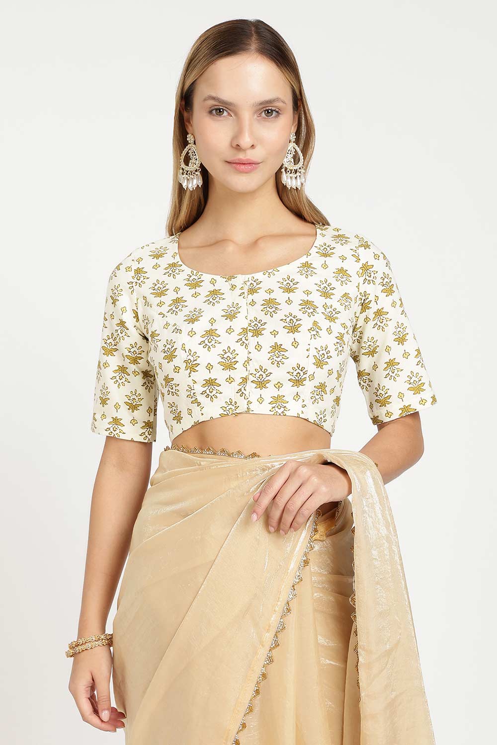 Naidu Hall Women’s Designer Cotton Blouse – Jaipur Printed Lapel Collar Front Open Blouse with Wooden Buttons | Regular Fit Woven Saree Blouse - BU23