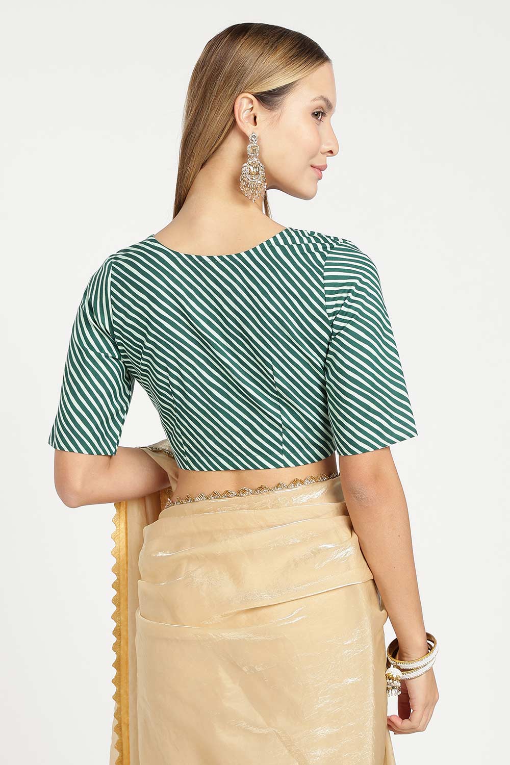 Naidu Hall Women’s Jaipur Cotton Designer Blouse – V Neck Block Printed Striped Saree Blouse with Wooden Button Front Open | Cotton Blouse for Women - BU26