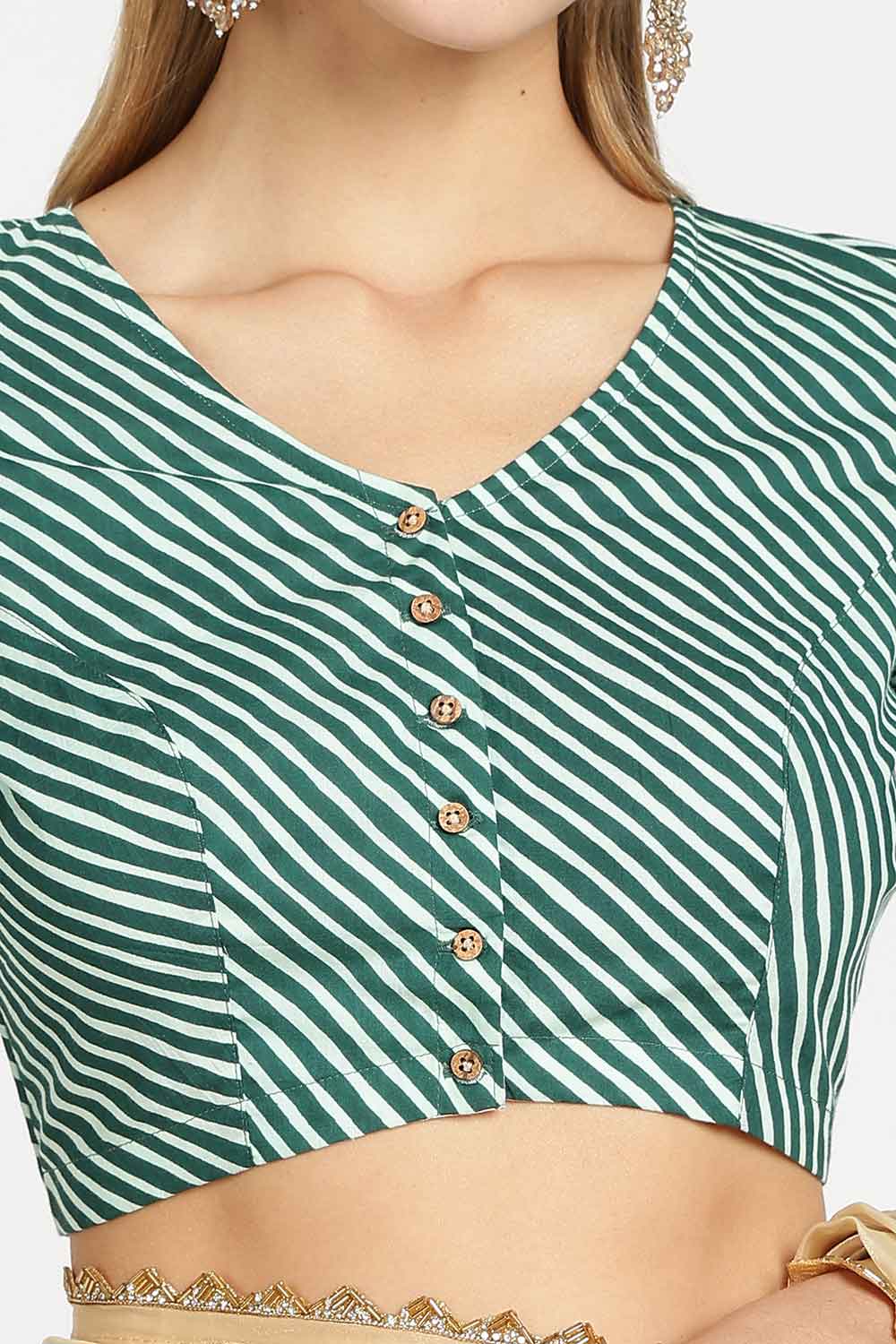 Naidu Hall Women’s Jaipur Cotton Designer Blouse – V Neck Block Printed Striped Saree Blouse with Wooden Button Front Open | Cotton Blouse for Women - BU26