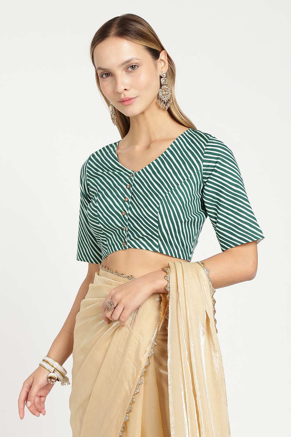 Naidu Hall Women’s Jaipur Cotton Designer Blouse – V Neck Block Printed Striped Saree Blouse with Wooden Button Front Open | Cotton Blouse for Women - BU26