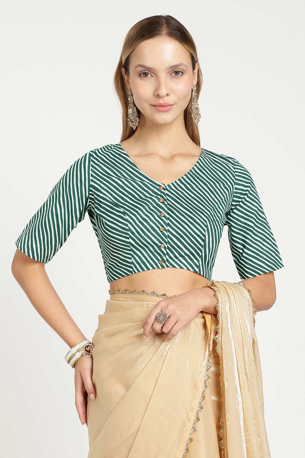 Naidu Hall Women’s Jaipur Cotton Designer Blouse – V Neck Block Printed Striped Saree Blouse with Wooden Button Front Open | Cotton Blouse for Women - BU26