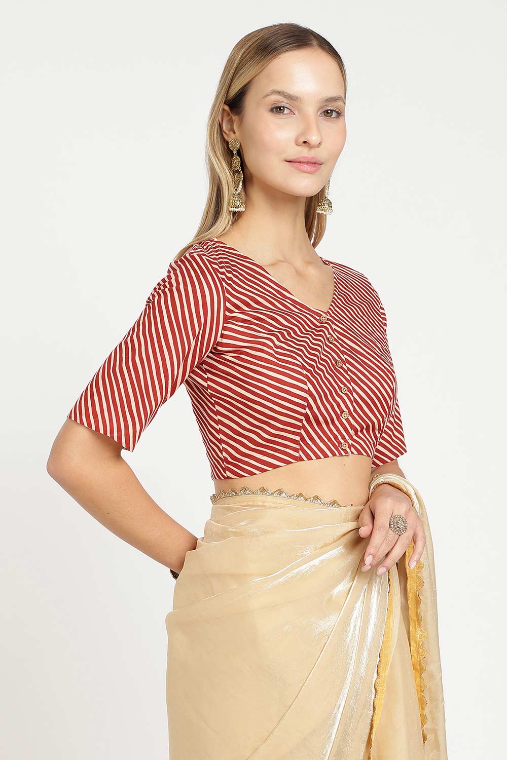 Naidu Hall Women’s Jaipur Cotton Designer Blouse – V Neck Block Printed Striped Saree Blouse with Wooden Button Front Open | Cotton Blouse for Women - BU26