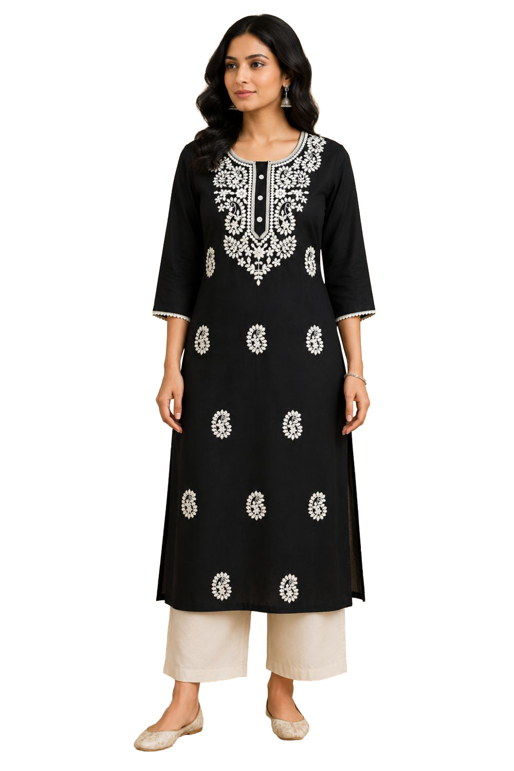 Women's Cotton Blend Embroidered Kurti | Round Neck 3/4 Sleeve Below Knee Kurti for Women | Regular Fit Ethnic Daily Wear Kurta - JS51