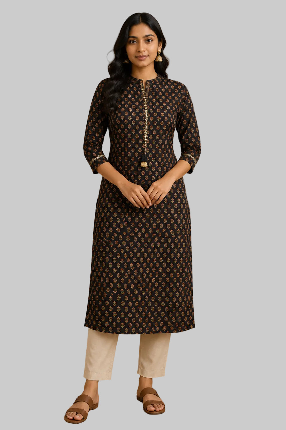 Women's Cotton Blend Printed Kurti | Mandarin Collar 3/4 Sleeve Below Knee Kurti for Women | Regular Fit Ethnic Daily Wear Kurta - JS52