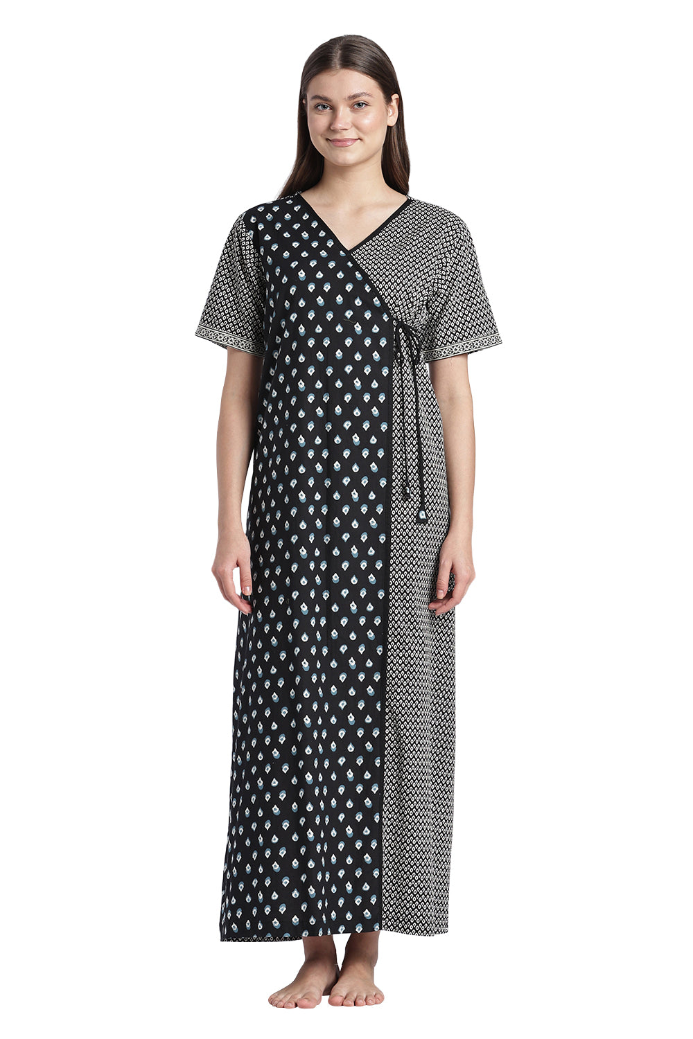Naidu Hall Women’s Printed Cotton Nighty | V-Neck Night Dress with Contrast Yoke Border | Short Sleeve Daily Wear, Sleepwear & Loungewear
- NB52