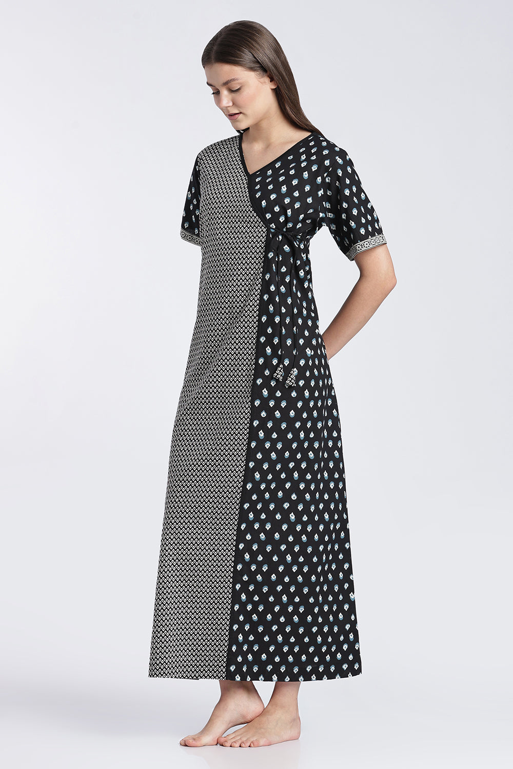 Naidu Hall Women’s Printed Cotton Angarakha Nighty | V-Neck Wrap Style Night Dress with Tie-Up | Short Sleeve Daily Wear, Sleepwear & Loungewear
- NB51