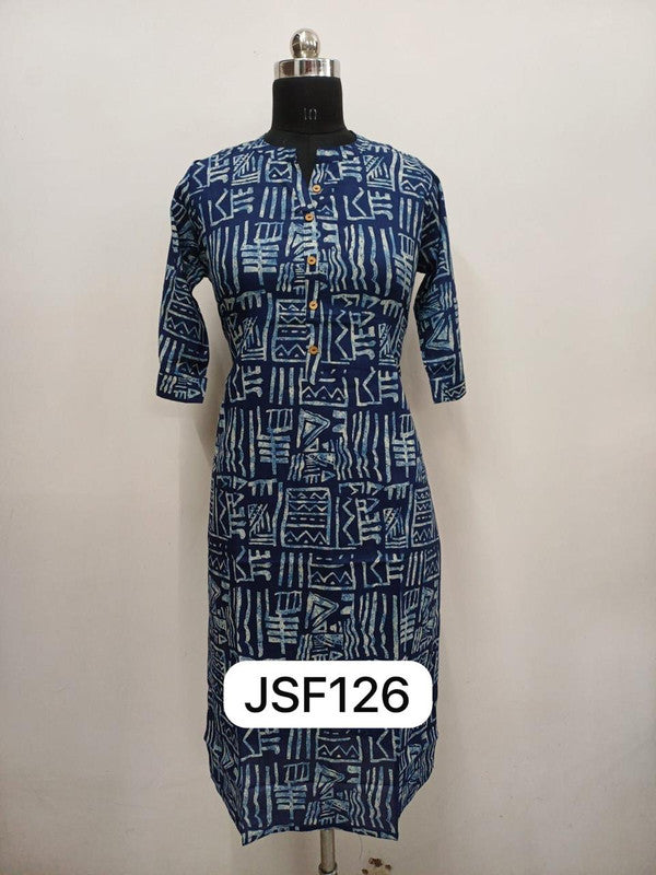 Women’s Cotton Blend Printed Kurthi with Round Neck & 3/4 Sleeves – Below Knee Length - Blue 1- F126
