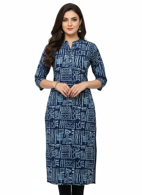 Women’s Cotton Blend Printed Kurthi with Round Neck & 3/4 Sleeves – Below Knee Length - Blue 1- F126