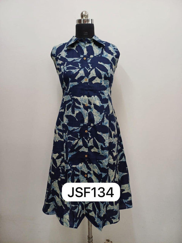 Women’s Cotton Blend Printed Sleeveless Kurthi with Regular Collar – Below Knee Length - Blue 1- F134