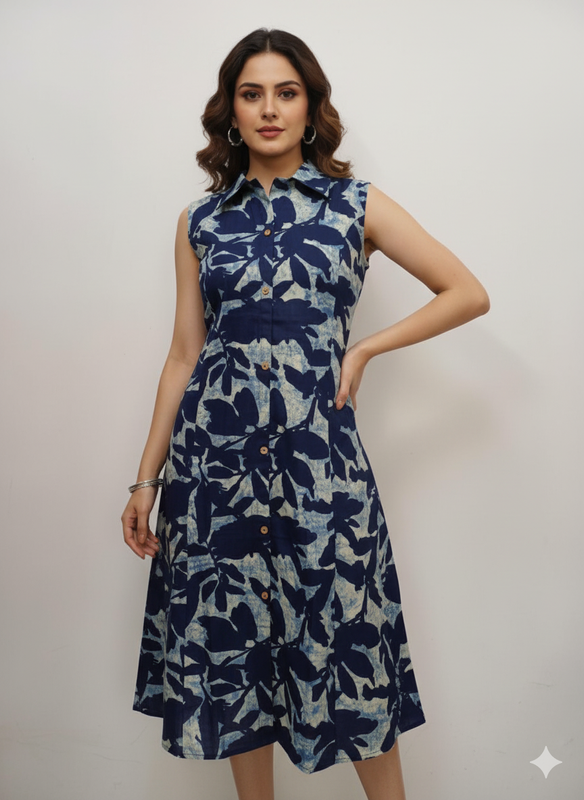 Women’s Cotton Blend Printed Sleeveless Kurthi with Regular Collar – Below Knee Length - Blue 1- F134