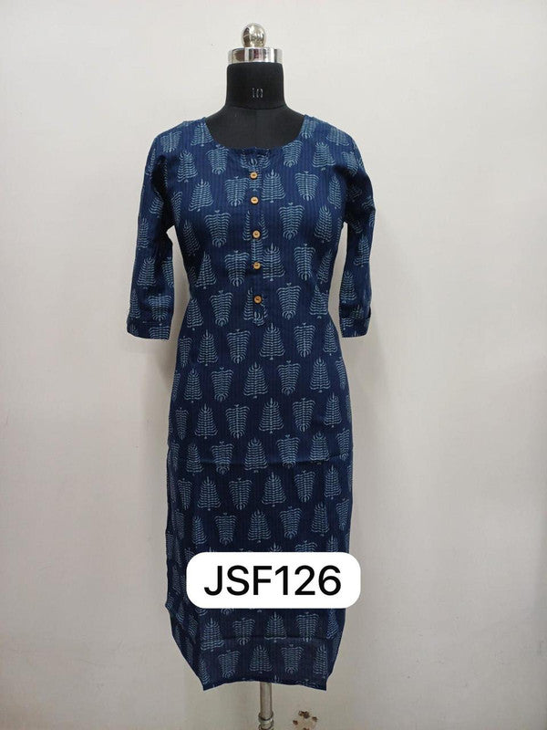 Women’s Cotton Blend Printed Kurthi | Regular Fit Ethnic Wear with 3/4 Sleeves & Mandarin Collar - Blue - F126