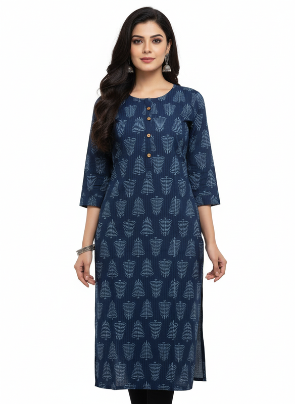 Women’s Cotton Blend Printed Kurthi | Regular Fit Ethnic Wear with 3/4 Sleeves & Mandarin Collar - Blue - F126