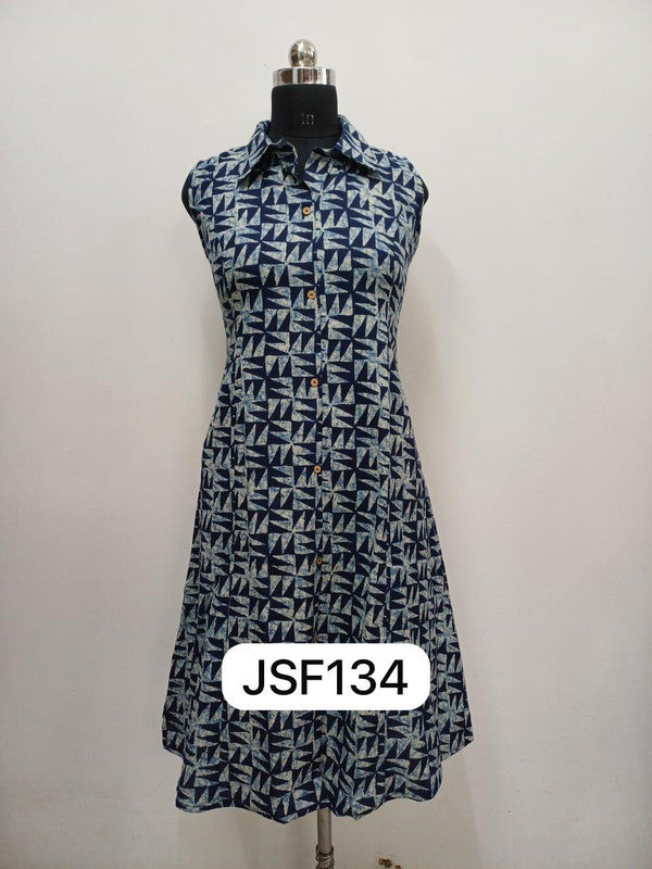 Women’s Cotton Blend Printed Sleeveless Kurthi with Regular Collar – Below Knee Length - Blue - F134