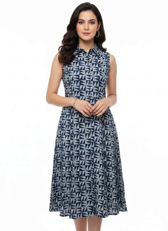 Women’s Cotton Blend Printed Sleeveless Kurthi with Regular Collar – Below Knee Length - Blue - F134