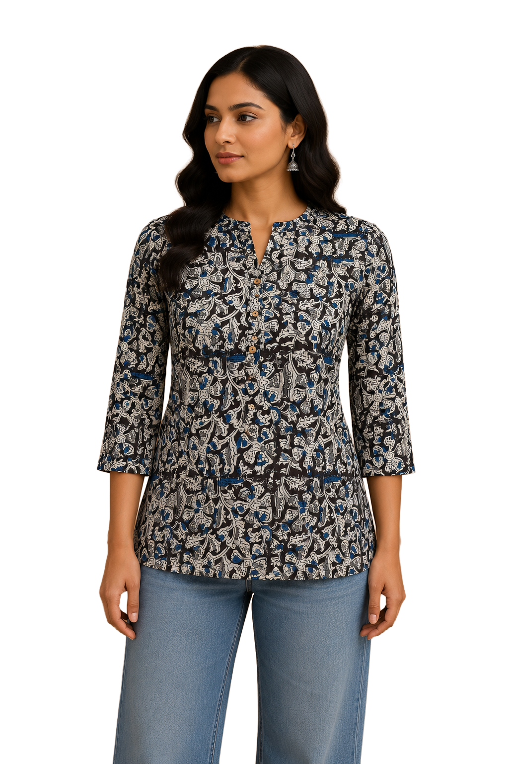 Women's Cotton Blend Printed Mandarin Collar Top | 3/4 Sleeve Casual Top for Women | Regular Fit Everyday Office & Casual Wear - JS25