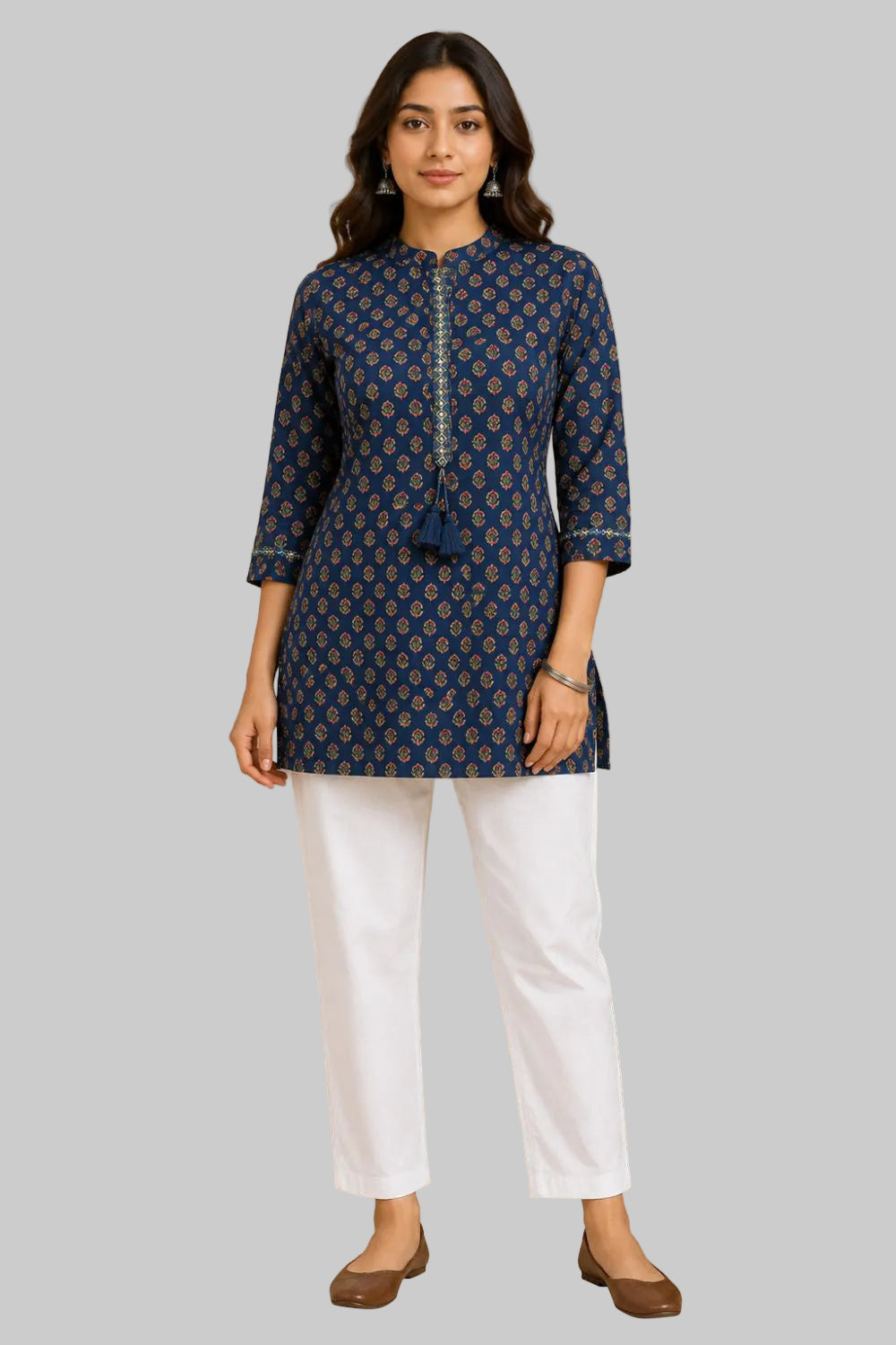 Women's Cotton Blend Printed Mandarin Collar Top | 3/4 Sleeve Casual Top for Women | Regular Fit Everyday Fashion Top - JS22