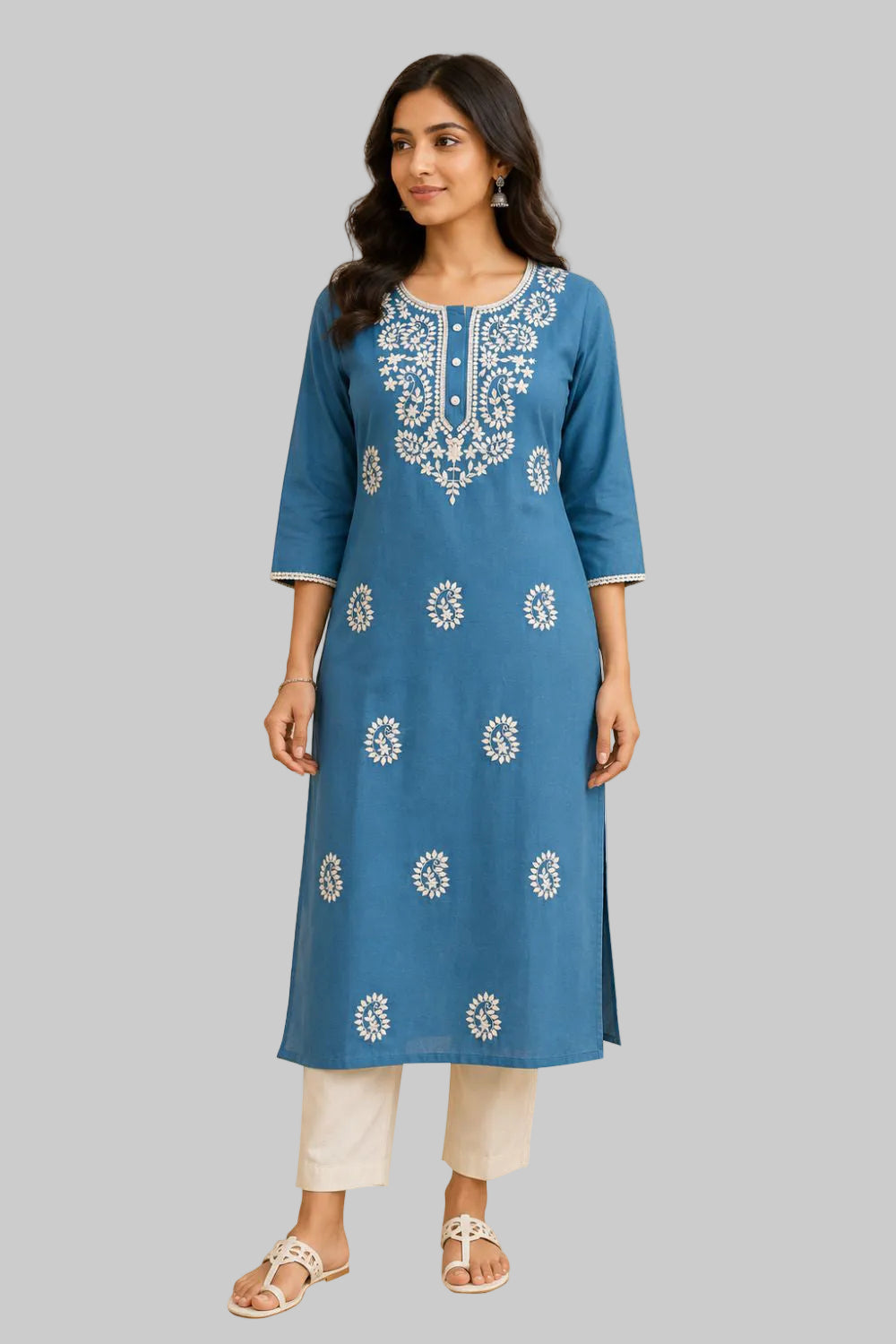 Women's Cotton Blend Embroidered Kurti | Round Neck 3/4 Sleeve Below Knee Kurti for Women | Regular Fit Ethnic Daily Wear Kurta - JS51
