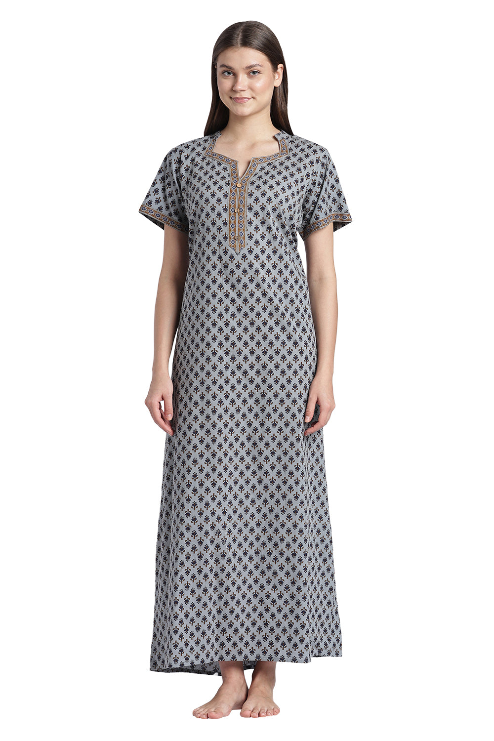 Naidu Hall Women’s Printed Cotton Nighty | Floral Block Print V-Neck Night Dress with Short Sleeves | Relaxed Fit Daily Wear & Sleepwear
- NB50