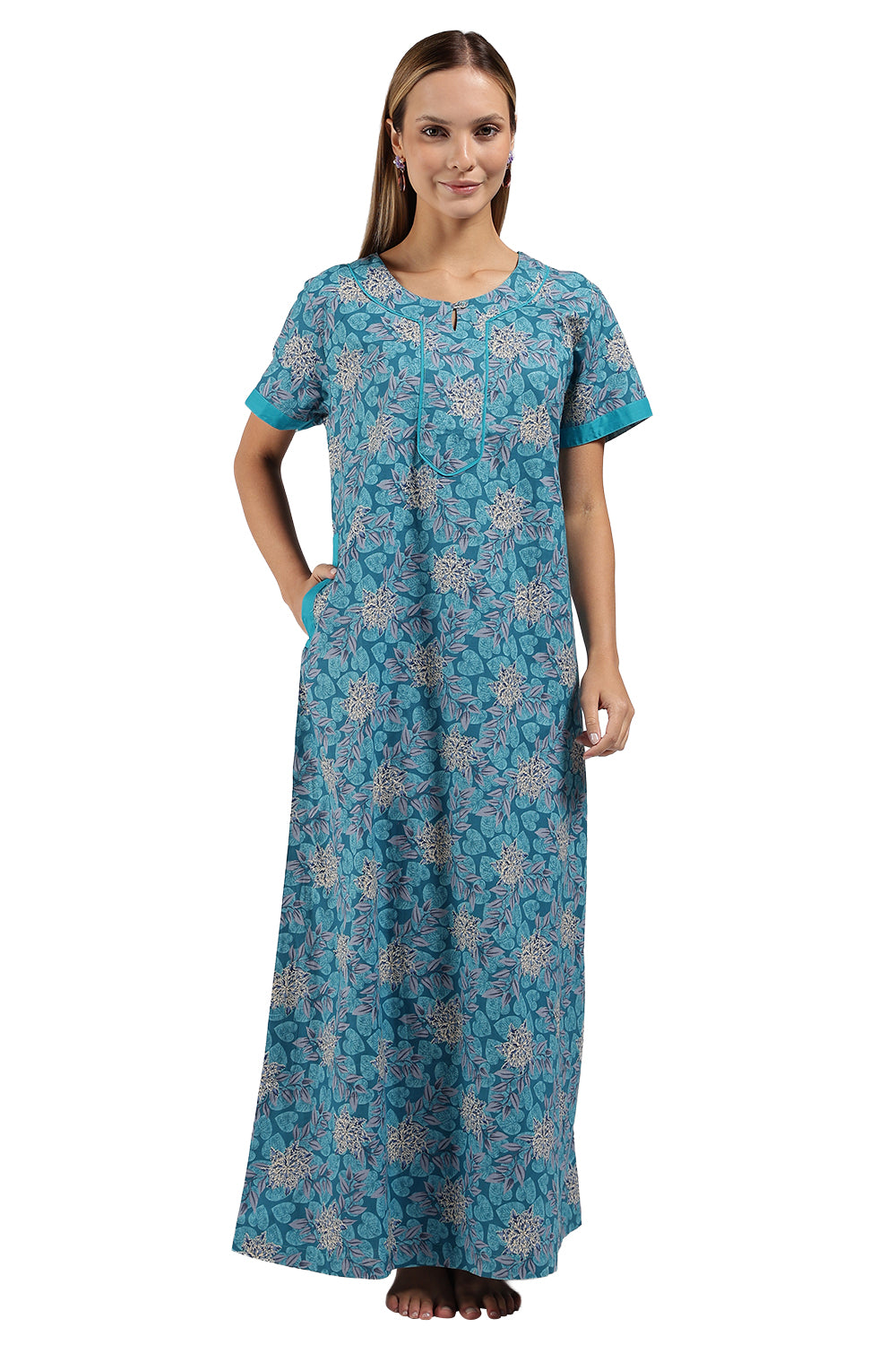 Naidu Hall Printed Cotton Nighty for Women – Full Length A-Line Sleepwear with Keyhole Neck & Contrast Piping | Comfortable Daily Wear Nighty
- N135