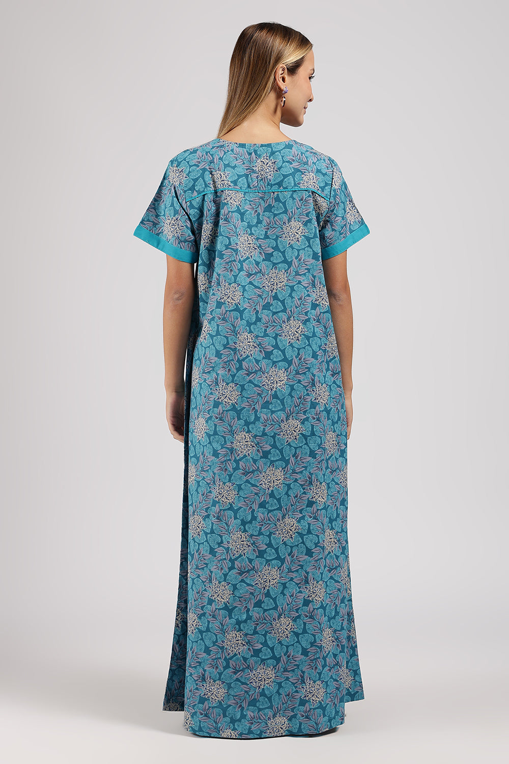 Naidu Hall Printed Cotton Nighty for Women – Full Length A-Line Sleepwear with Keyhole Neck & Contrast Piping | Comfortable Daily Wear Nighty
- N135
