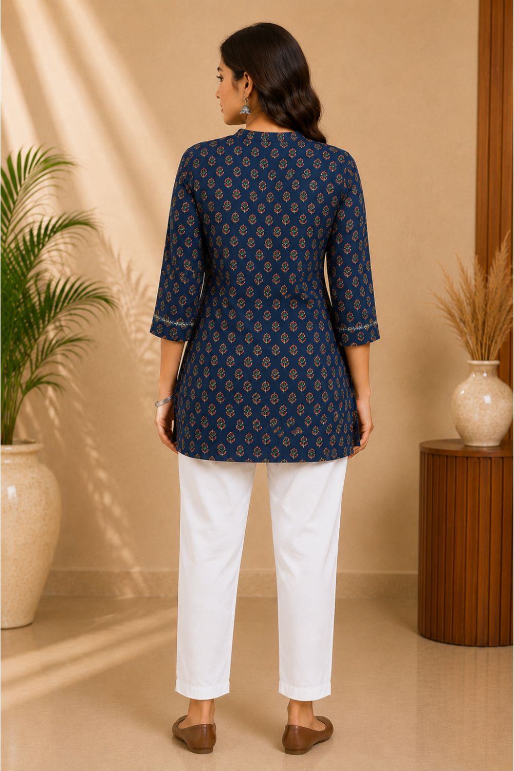 Women's Cotton Blend Printed Mandarin Collar Top | 3/4 Sleeve Casual Top for Women | Regular Fit Everyday Fashion Top - JS22
