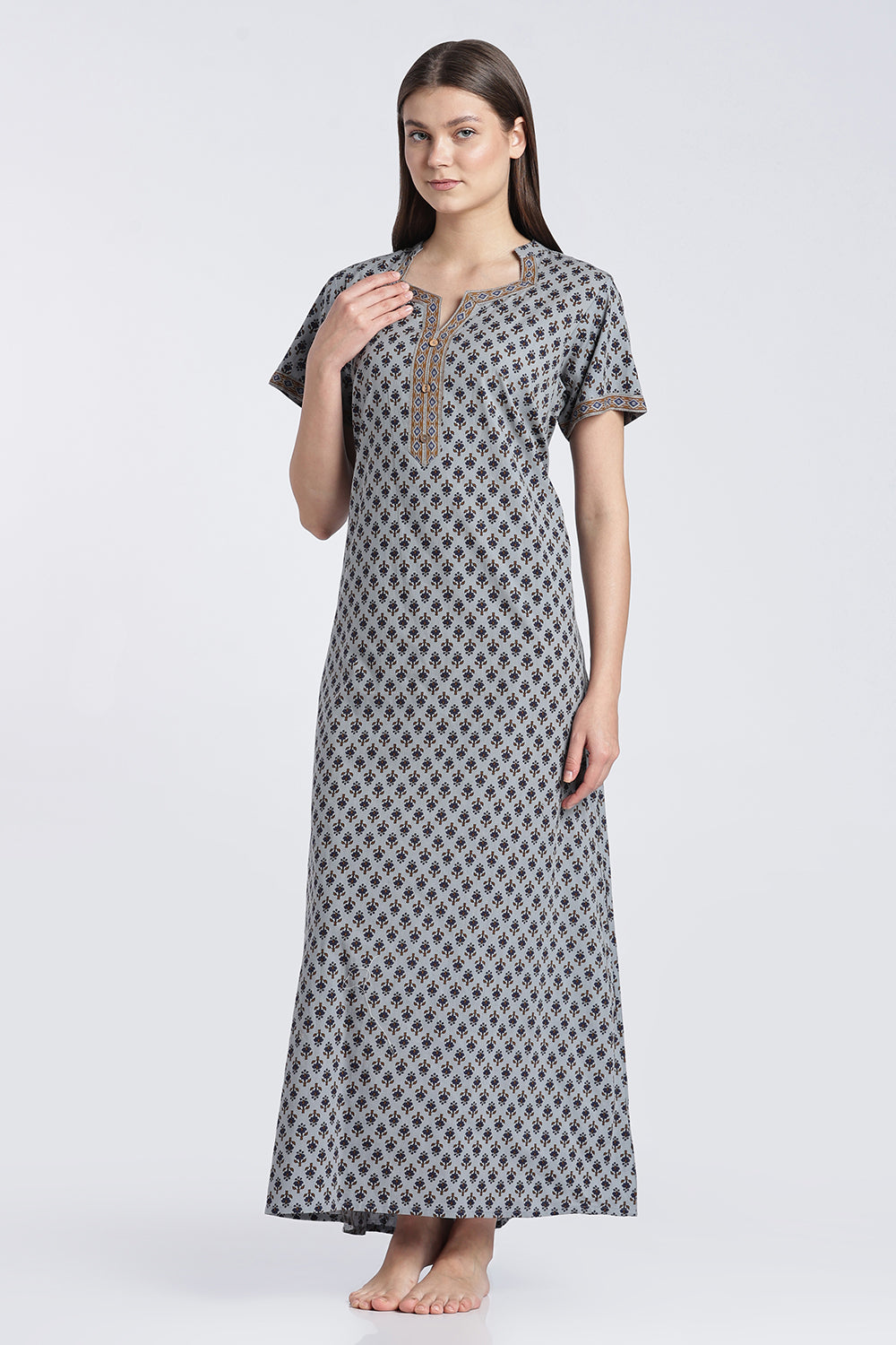 Naidu Hall Women’s Printed Cotton Nighty | Floral Block Print V-Neck Night Dress with Short Sleeves | Relaxed Fit Daily Wear & Sleepwear
- NB50