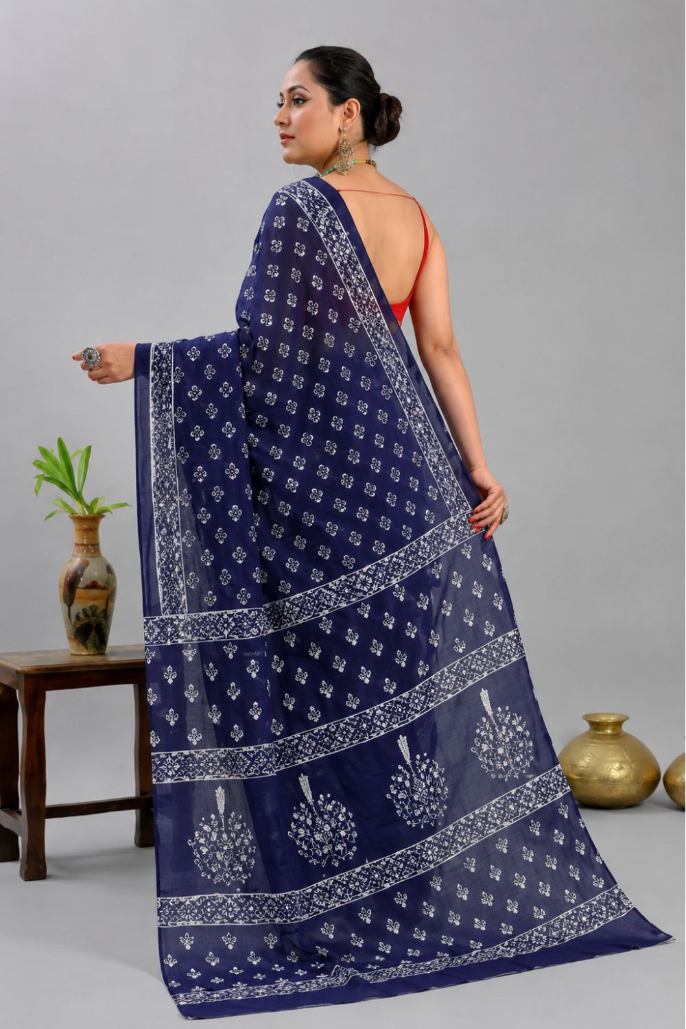 Naidu Hall Women's Blue Jaipur Print Cotton Blend Saree with Blouse | Lightweight Ethnic Wear Saree - WS06