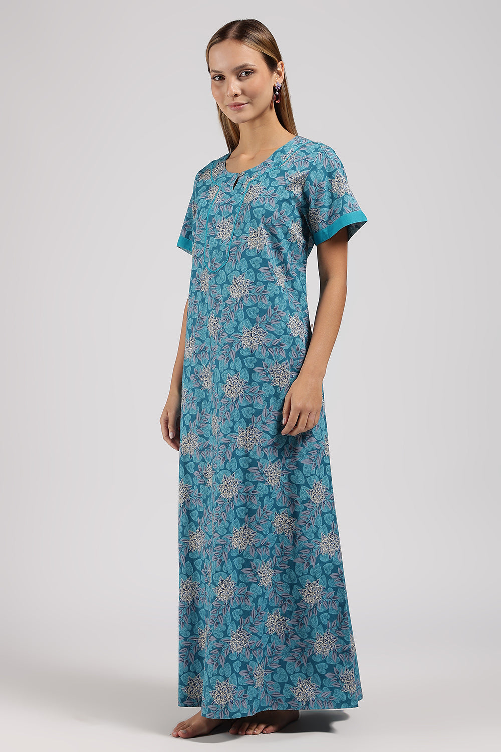 Naidu Hall Printed Cotton Nighty for Women – Full Length A-Line Sleepwear with Keyhole Neck & Contrast Piping | Comfortable Daily Wear Nighty
- N135