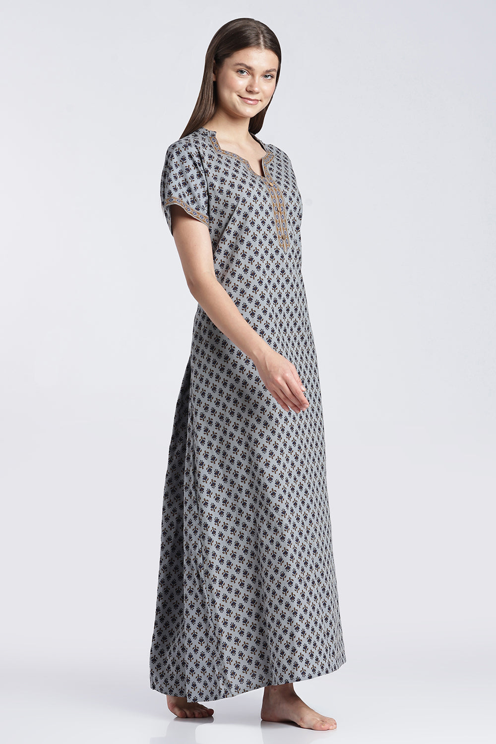 Naidu Hall Women’s Printed Cotton Nighty | Floral Block Print V-Neck Night Dress with Short Sleeves | Relaxed Fit Daily Wear & Sleepwear
- NB50