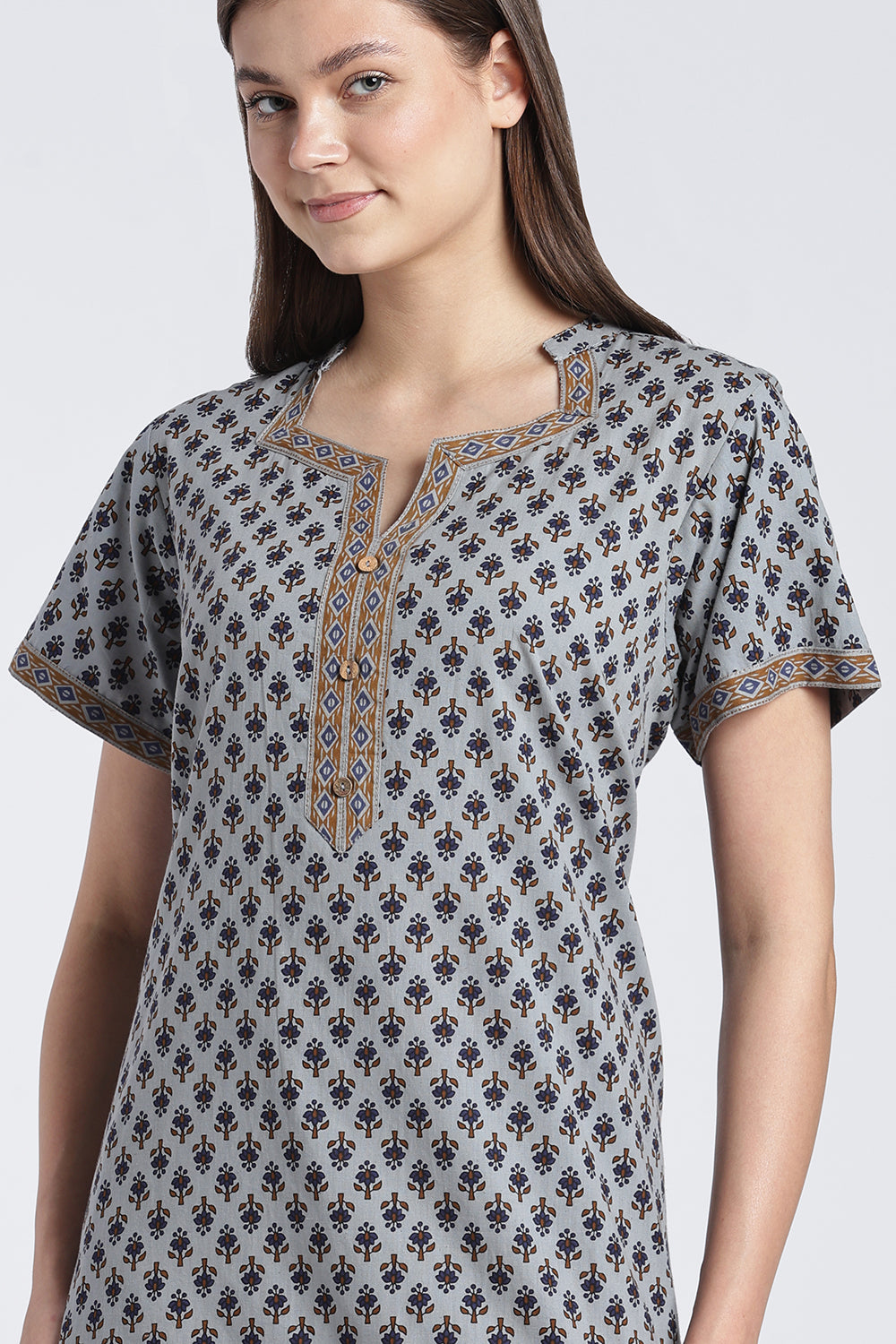 Naidu Hall Women’s Printed Cotton Nighty | Floral Block Print V-Neck Night Dress with Short Sleeves | Relaxed Fit Daily Wear & Sleepwear
- NB50