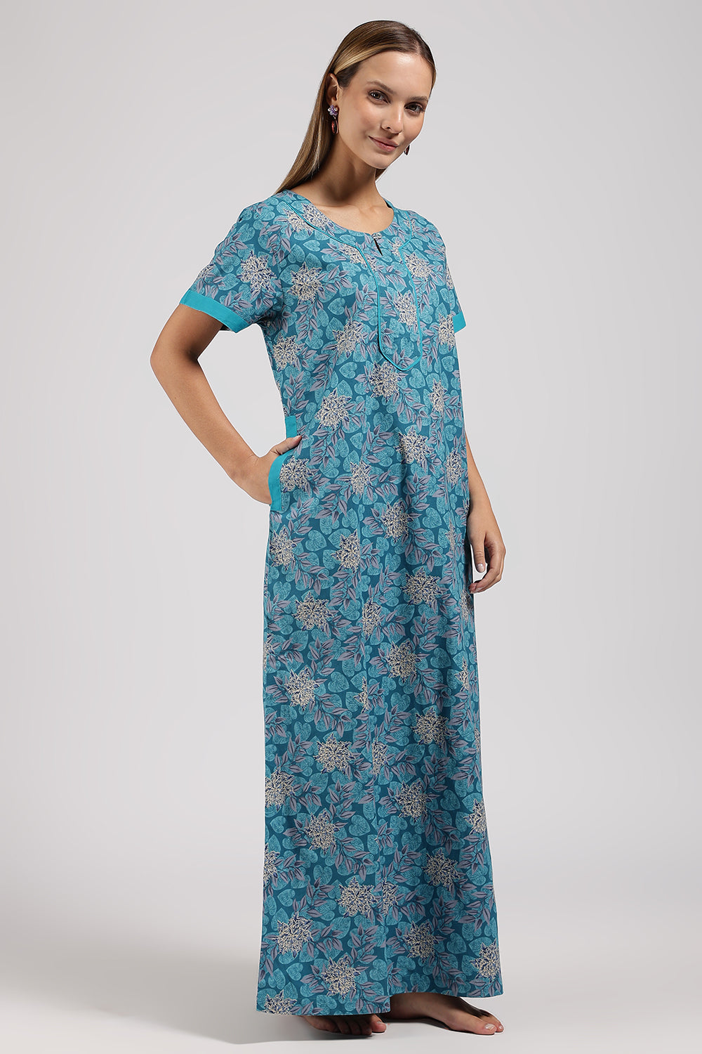 Naidu Hall Printed Cotton Nighty for Women – Full Length A-Line Sleepwear with Keyhole Neck & Contrast Piping | Comfortable Daily Wear Nighty
- N135