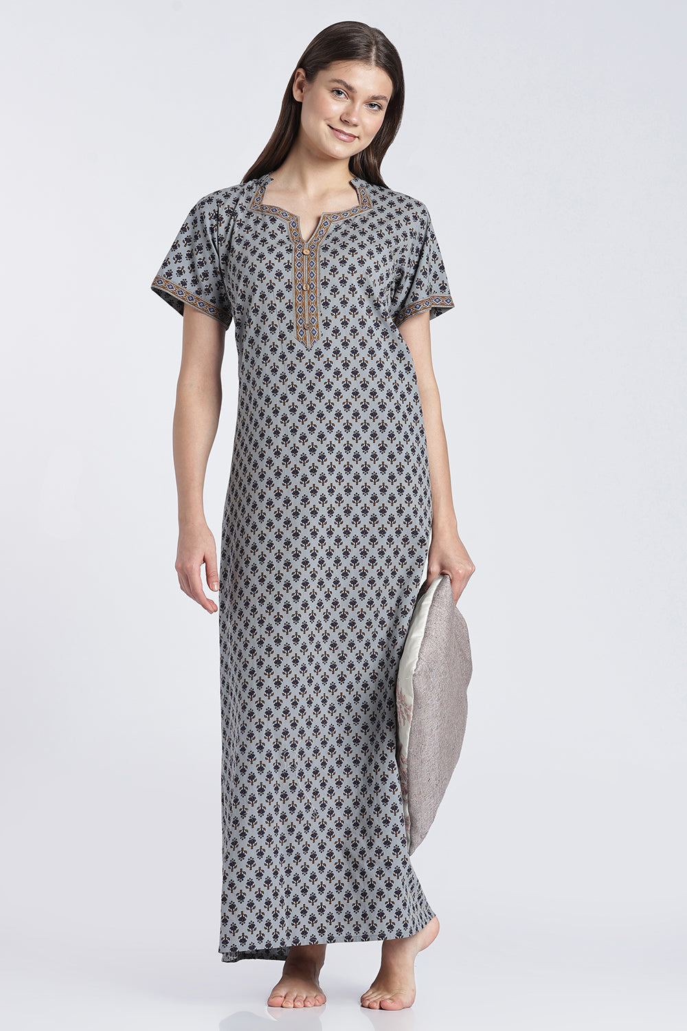 Naidu Hall Women’s Printed Cotton Nighty | Floral Block Print V-Neck Night Dress with Short Sleeves | Relaxed Fit Daily Wear & Sleepwear
- NB50