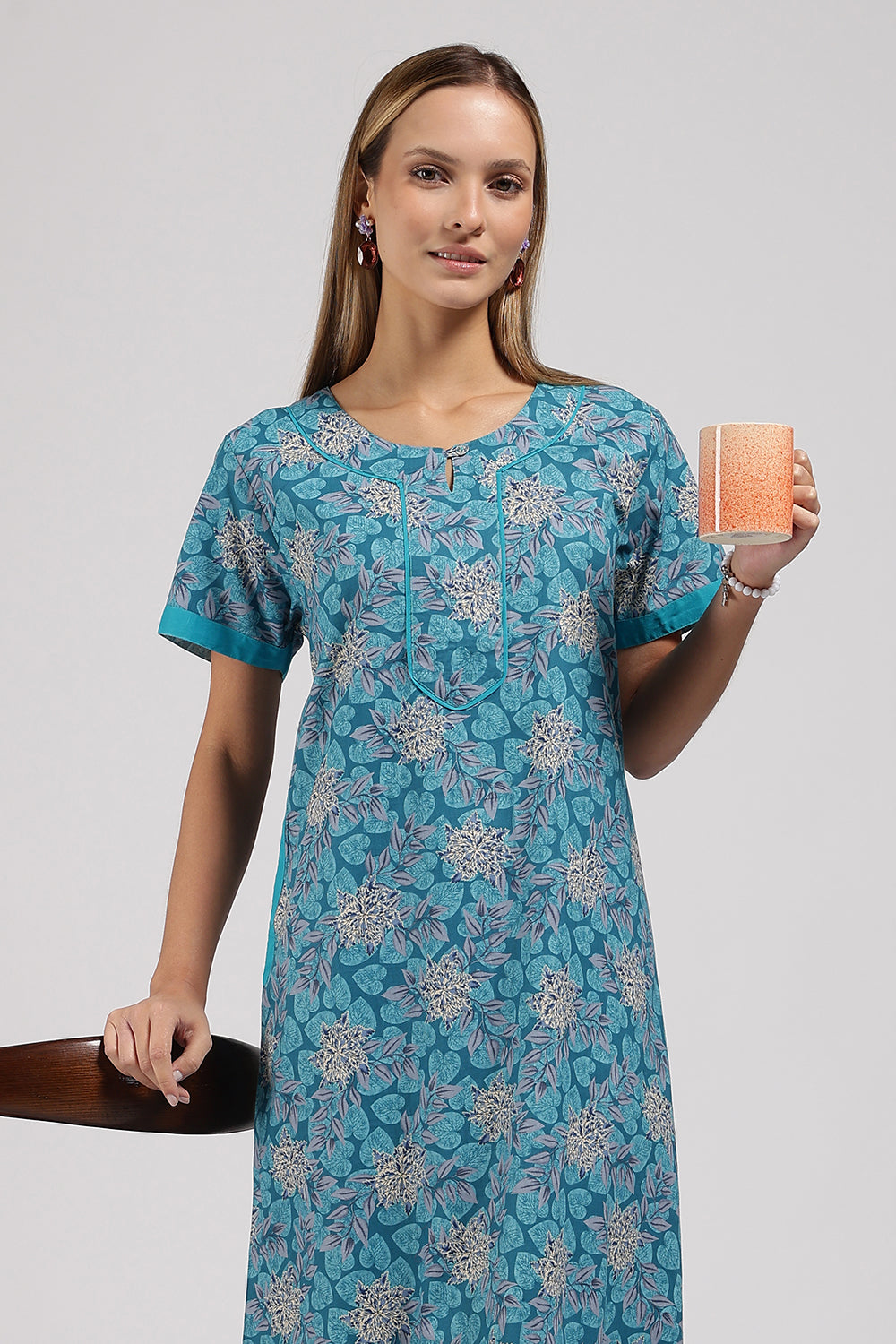 Naidu Hall Printed Cotton Nighty for Women – Full Length A-Line Sleepwear with Keyhole Neck & Contrast Piping | Comfortable Daily Wear Nighty
- N135