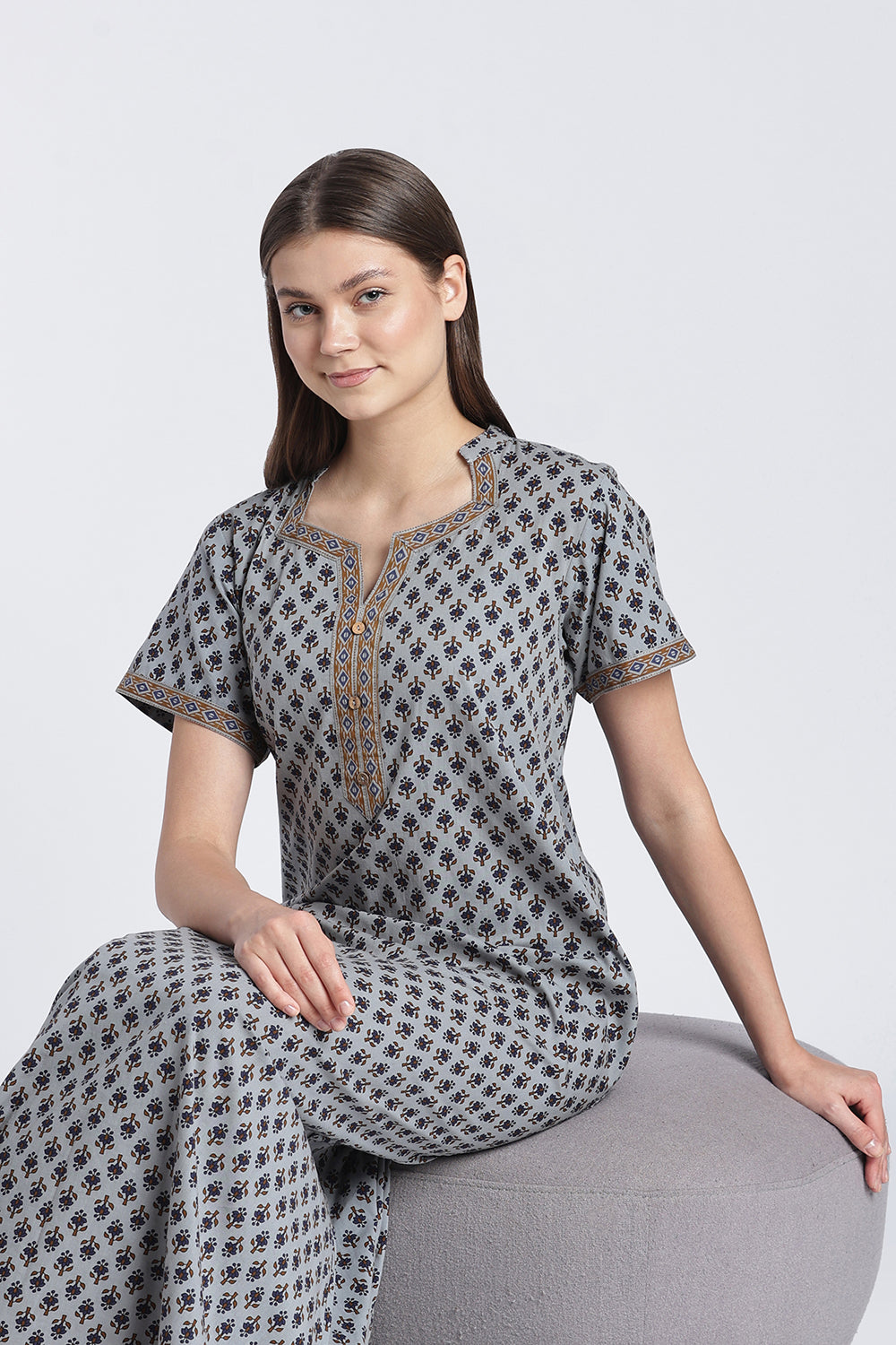 Naidu Hall Women’s Printed Cotton Nighty | Floral Block Print V-Neck Night Dress with Short Sleeves | Relaxed Fit Daily Wear & Sleepwear
- NB50