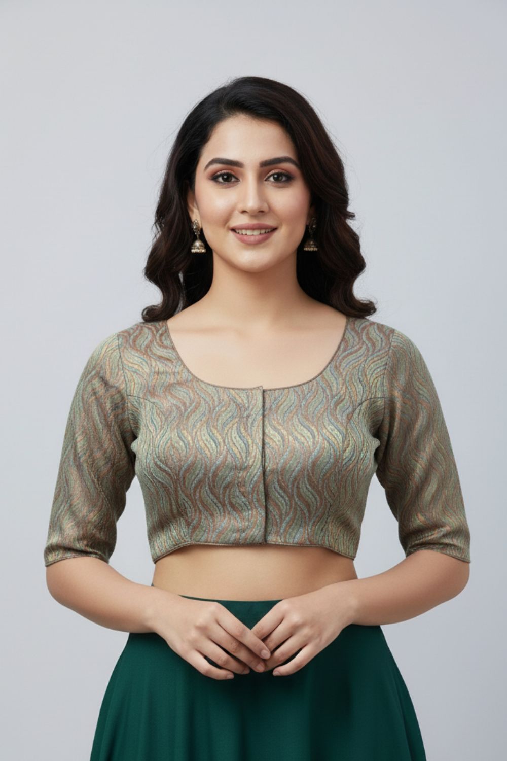 Women's Blouse Art Silk Padded Front Open Round Neck Princess Cut Elbow Sleeve Saree Blouse with Round Back - Light Brown- 4189