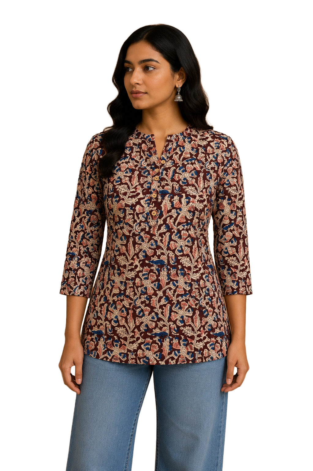 Women's Cotton Blend Printed Mandarin Collar Top | 3/4 Sleeve Casual Top for Women | Regular Fit Everyday Office & Casual Wear - JS25