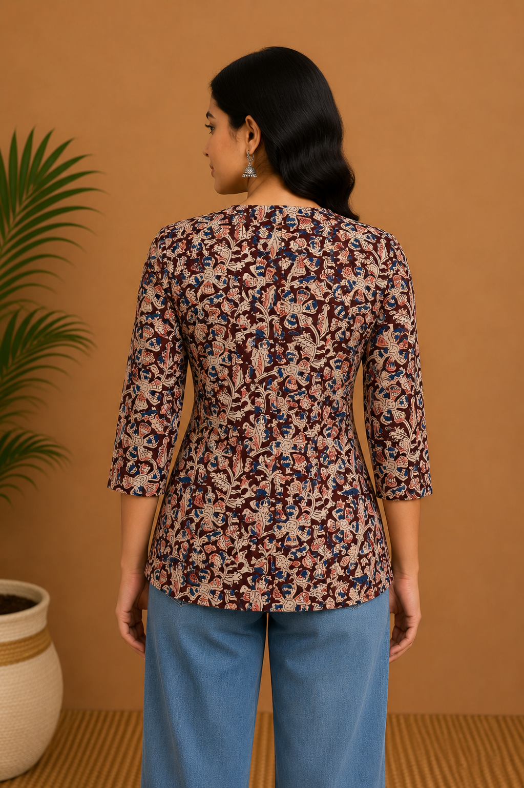 Women's Cotton Blend Printed Mandarin Collar Top | 3/4 Sleeve Casual Top for Women | Regular Fit Everyday Office & Casual Wear - JS25