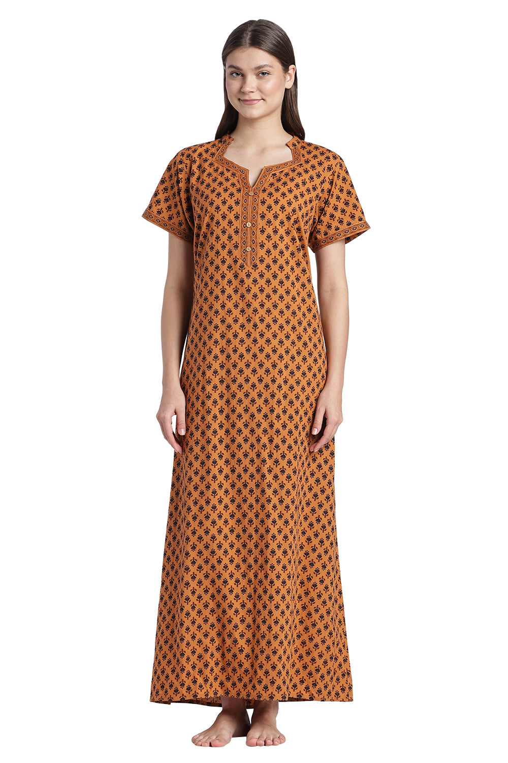 Naidu Hall Women’s Printed Cotton Nighty | Floral Block Print V-Neck Night Dress with Short Sleeves | Relaxed Fit Daily Wear & Sleepwear
- NB50