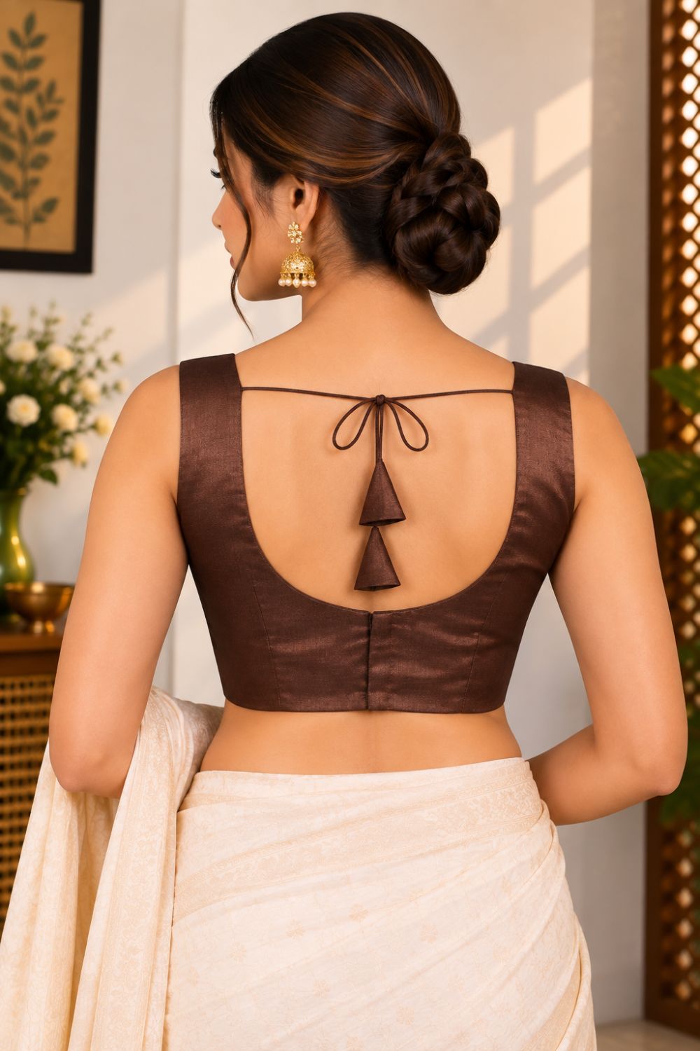 Women's Solid Silk Blend Saree Blouse with V Neck Neckline and attachable Elbow Sleeve - Regular | Ready-to-Wear Saree Blouse for Daily Wear, Festive Wear, Office Wear, Special Occasions - L640
