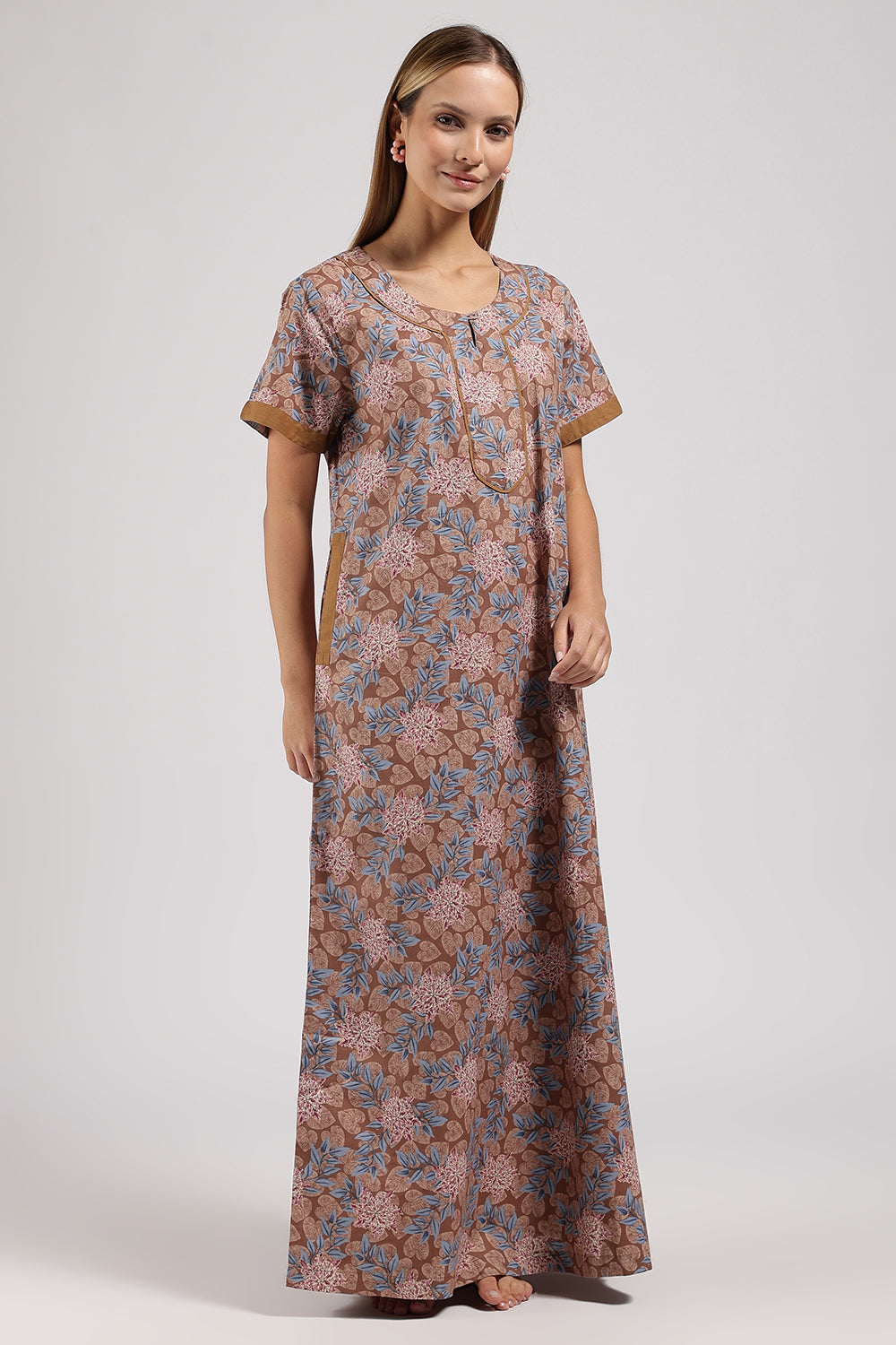 Naidu Hall Printed Cotton Nighty for Women – Full Length A-Line Sleepwear with Keyhole Neck & Contrast Piping | Comfortable Daily Wear Nighty
- N135