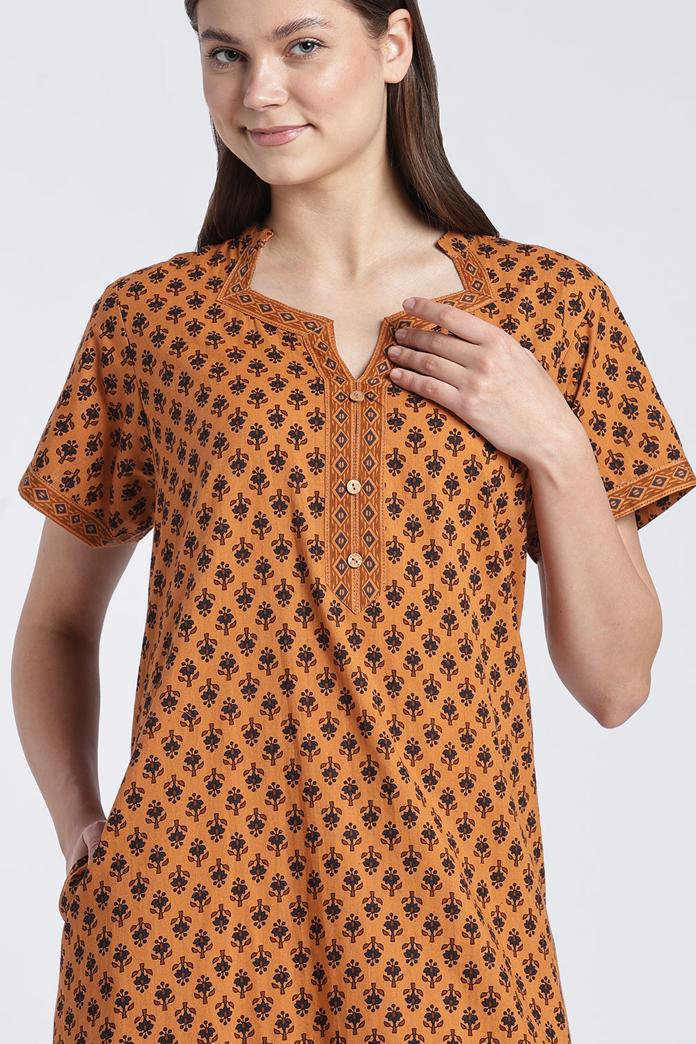 Naidu Hall Women’s Printed Cotton Nighty | Floral Block Print V-Neck Night Dress with Short Sleeves | Relaxed Fit Daily Wear & Sleepwear
- NB50