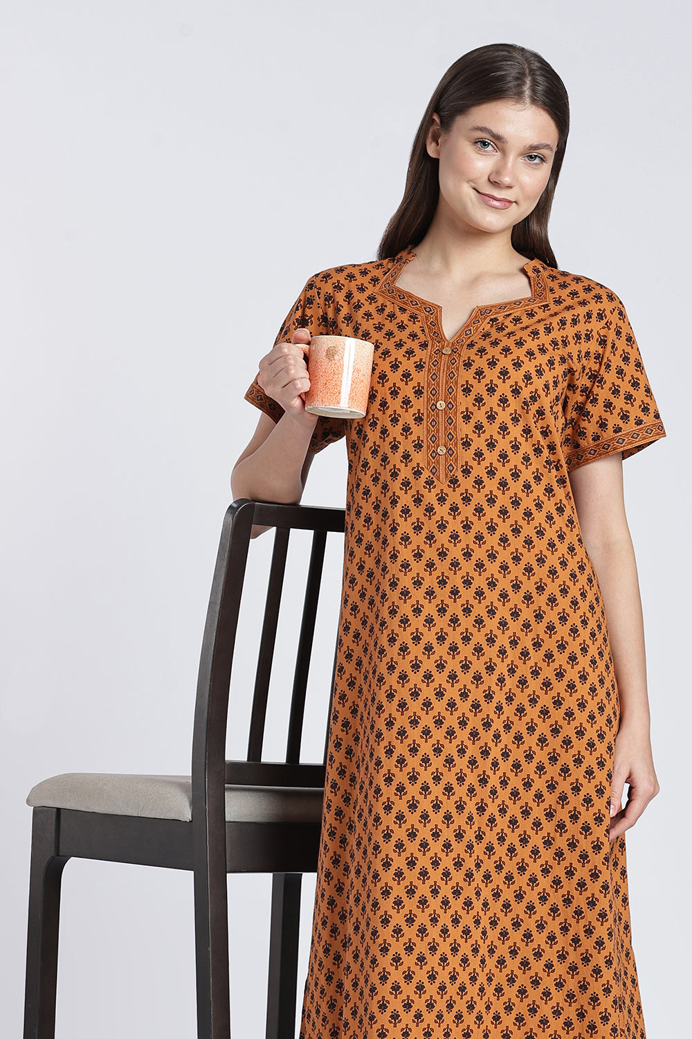 Naidu Hall Women’s Printed Cotton Nighty | Floral Block Print V-Neck Night Dress with Short Sleeves | Relaxed Fit Daily Wear & Sleepwear
- NB50