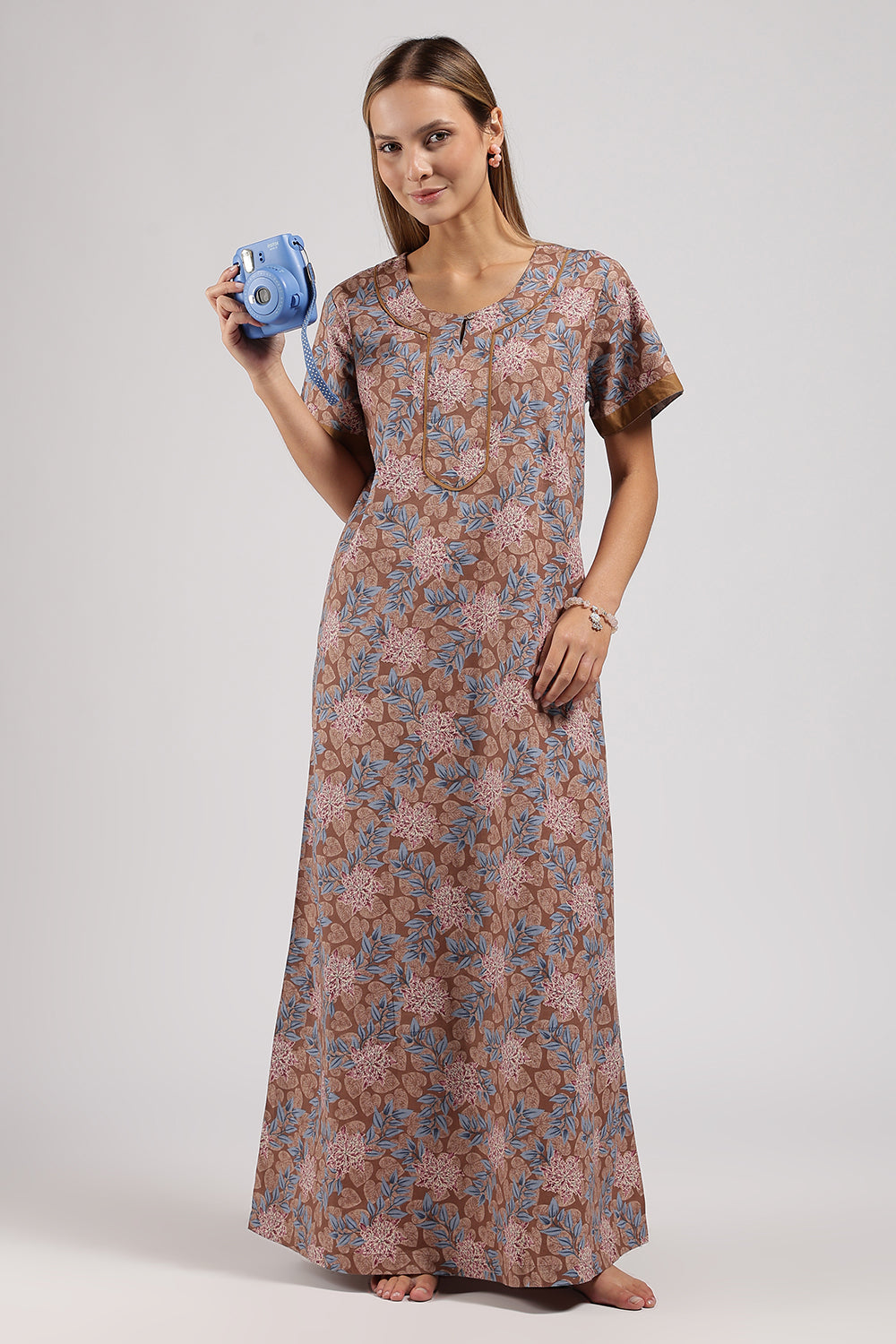 Naidu Hall Printed Cotton Nighty for Women – Full Length A-Line Sleepwear with Keyhole Neck & Contrast Piping | Comfortable Daily Wear Nighty
- N135