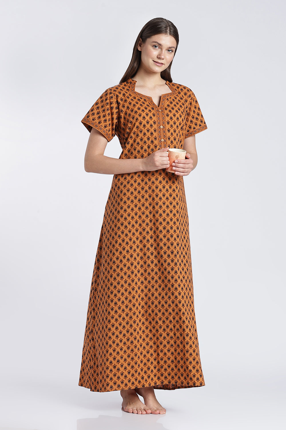 Naidu Hall Women’s Printed Cotton Nighty | Floral Block Print V-Neck Night Dress with Short Sleeves | Relaxed Fit Daily Wear & Sleepwear
- NB50